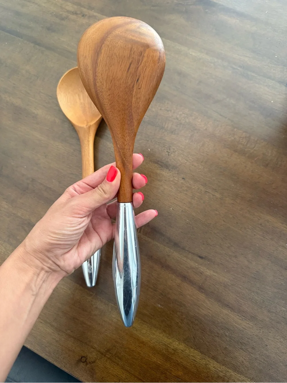Nambe Wooden Serving Spoons with Silver Handles - Brown and Silver Set of 2